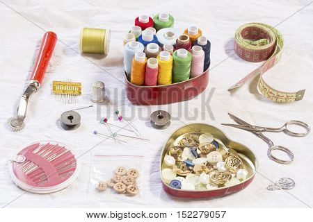 Sewing items on a white paper background
