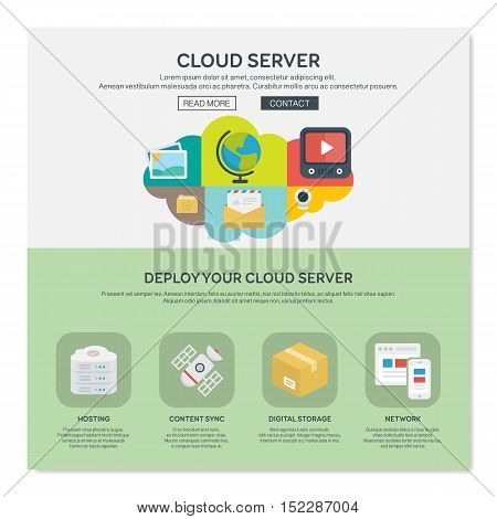 One page web design template of cloud hosting provider service, network server communication, business data solution. Flat design graphic.