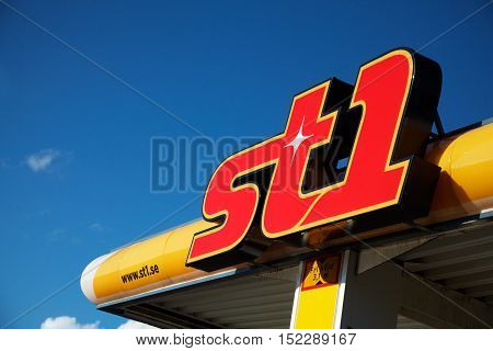 Sodertalje, Sweden - June 17, 2012 : Close-up of  roof sign at a petrol station brand ST1.