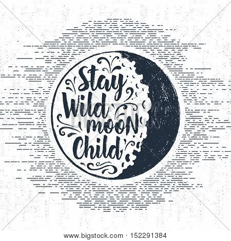 Hand drawn Halloween label with textured full moon vector illustration and 