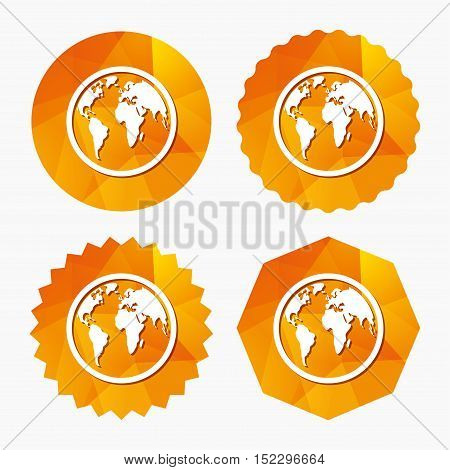 Globe sign icon. World map geography symbol. Triangular low poly buttons with flat icon. Vector