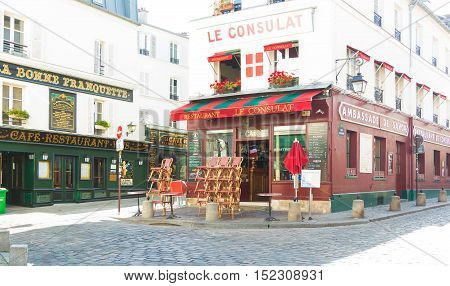 Paris France-July 09 2016: The traditional French restaurant Le Consulat located in picturesque Montmartre district of Paris.