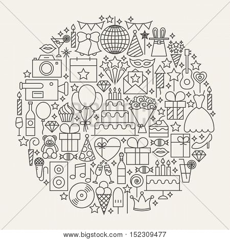 Birthday Party Line Icons Circle. Vector Illustration of Celebration Outline Objects.