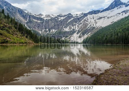 Scenic view of Avalanche Lake and glaciers in Glacier National Park MontanaUSA