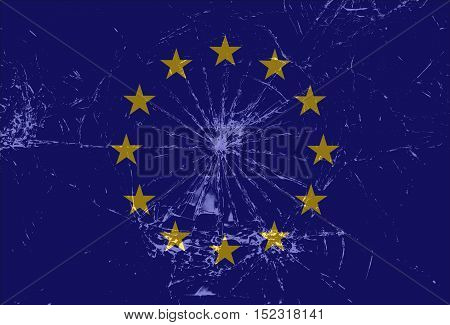 Shattered European Union flag cracked glass Brexit vector background