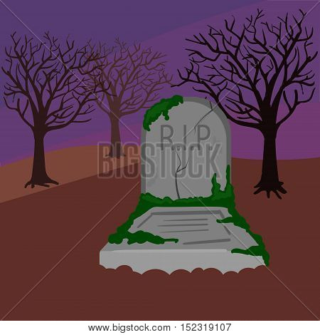 Grave in the cemetery. Dark night. Colorful hand drawn cartoon vector illustration