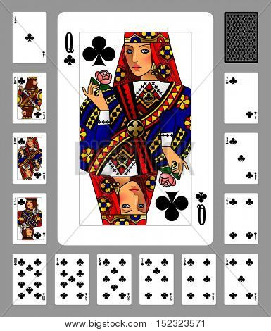 Playing cards of Clubs suit and back on green background. Colorful original design. Vector illustration