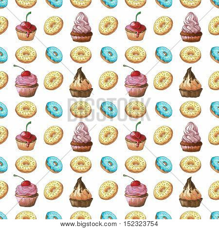 Seamless pattern. Sweets different colors and shapes on a white background isolation. Pattern with sweets. Confection hand drawn markers.