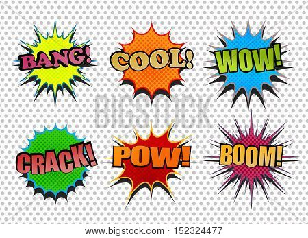 Set of colorful comic speech bubbles in pop-art style. Cartoon illustration with six expressions. Gray dotted background