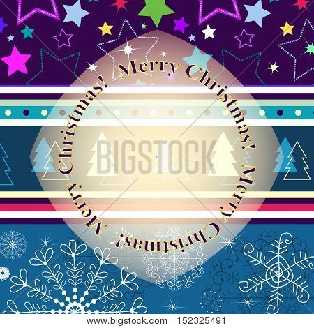 Christmas striped greeting card with stars abd snowflakes and translucent gold label vector eps10