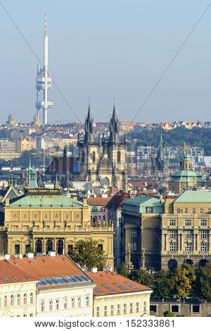 Panoramic aerial view of Prague with the Zizkov Tv tower on the top. View from Prague Castle, Czech Republic.