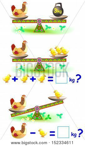 Page with mathematical exercises for young children. Vector cartoon image. Developing children skills for counting and writing.