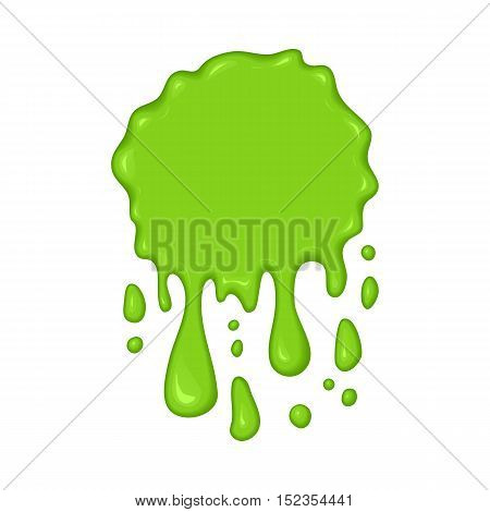 Vector illustration - slime drips and flowing. Abstract green splash liquid. Halloween banner in cartoon style. Stain shape isolated on white background