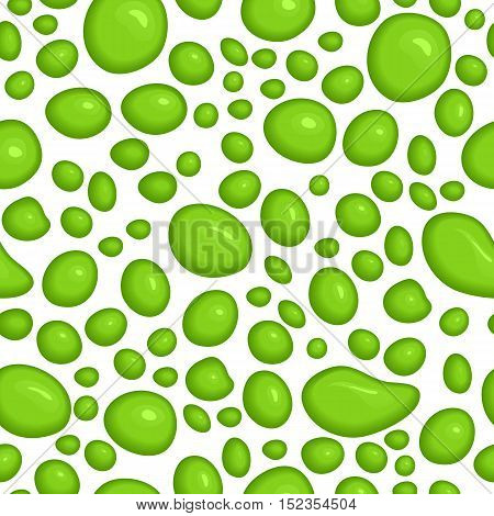 Seamless pattern of slime drops. Vector abstract illustration with green liquid blobs, splatters and paint stain on grey. Halloween background