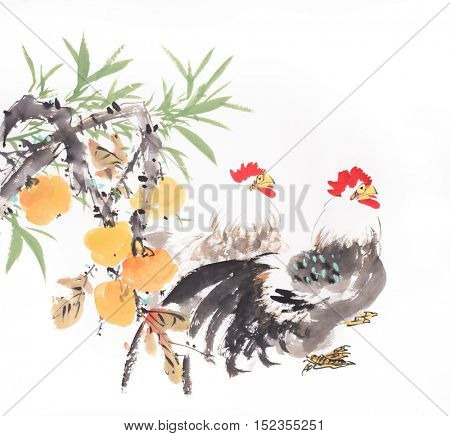 Traditional China Rooster with persimmon,mean good luck.