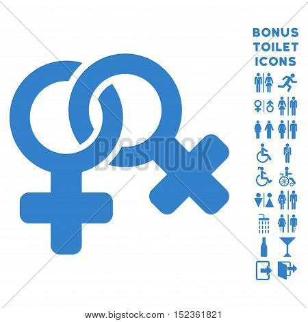 Lesbi Symbol icon and bonus gentleman and woman lavatory symbols. Vector illustration style is flat iconic symbols, cobalt color, white background.