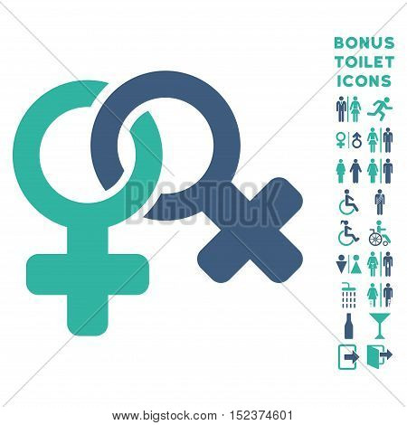 Lesbi Symbol icon and bonus male and female restroom symbols. Vector illustration style is flat iconic bicolor symbols, cobalt and cyan colors, white background.