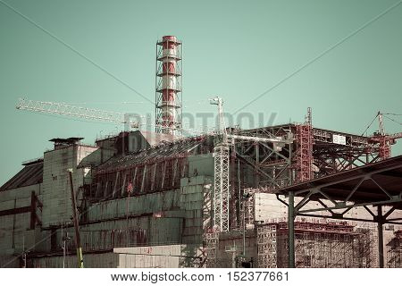 View of the fourth block of the Chernobyl nuclear power plant after 30 years the explosion at the nuclear power plant. USSR soviet union built. Chernobyl Exclusion Zone. Ukraine
