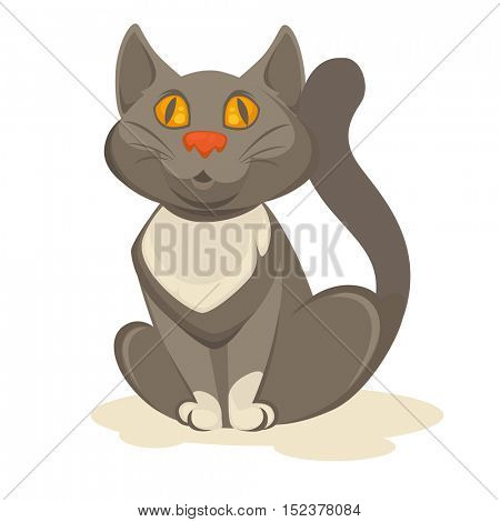 Grey cat stuff sitten on a flat. Vector cat icon of colorful cat care object. Flat clipart with shadow. Isolated on background.