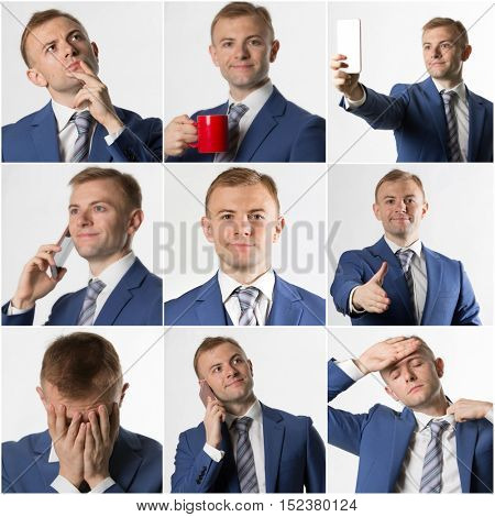 Collage of various business man poses and expressions