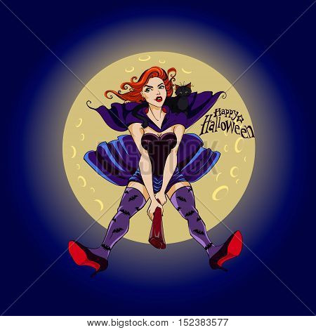 Sexy girl witch flying in front of the full moon with magical broom. Halloween vector illustration