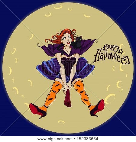 Sexy girl witch flying in front of the full moon with magical broom. Halloween vector illustration.
