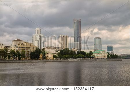 Yekaterinburg city center skyline and Iset river.