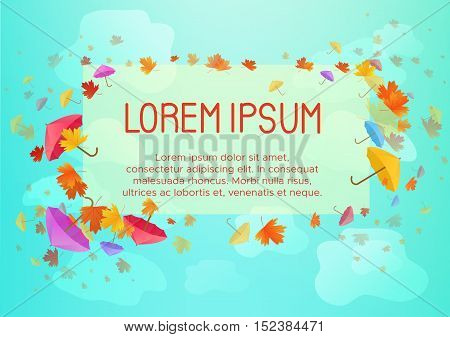 Autumn background banner. Seasonal sale poster, concept, flyer. Umbrellas and maple leaves at the sky. Brochure template.Vector illustration