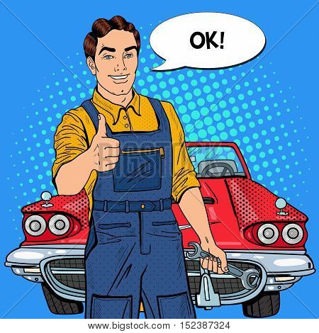 Pop Art Confident Smiling Mechanic with Wrench Thumbs Up. Vector illustration