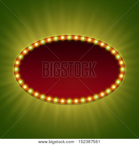 Blank 3d retro light banner with shining bulbs. Red sign with yellow and green lights and blank space for text. Vintage street signboard. Advertising frame with glow. Colorful vector illustration