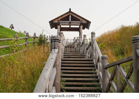 Wooden stairs to Mount Levitan, Ples, Ivanovo Oblast. Golden Ring of Russia.