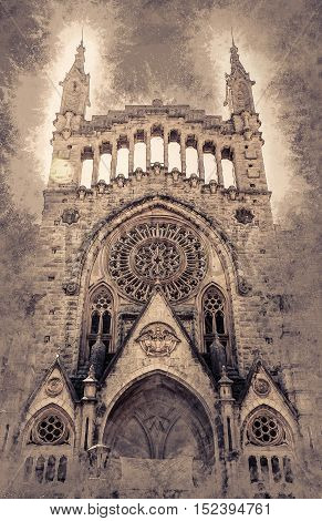The church of Sant Bartomeu, Saint Bartholomew, in Soller, Majorca, Spain. Beautiful gothic cathedral in Spain. Vintage painting, background illustration, beautiful picture, travel texture