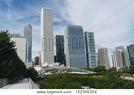 Millennium Park Chicago USA - September 24 2015: Public BP walkway in Millenium park. Millenium Park is one of the parks major attractions.