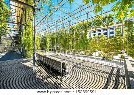Zurich, Switzerland - June 28, 2016: MFO public park in the Oerlikon quarter of Zurich city in Switzerland. This Park-Haus is a double-walled steel-framed construction covered with plants.