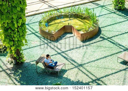 Zurich, Switzerland - June 28, 2016: MFO public park in the Oerlikon quarter of Zurich city in Switzerland. This Park-Haus is a double-walled steel-framed construction covered with plants.