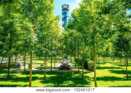 Zurich, Switzerland - June 28, 2016: Oerliker park with modern viewpoint tower in Oerlikon district of Zurich city in Switzerland