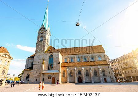 Zurich, Switzerland - June 28, 2016: View on Fraumunster church in the old town of Zurich city in Switzerland