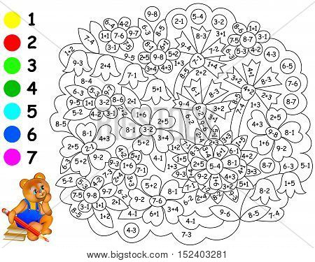 Exercises for children - needs to paint image in relevant color. Developing children skills for counting and coloring. Vector image.