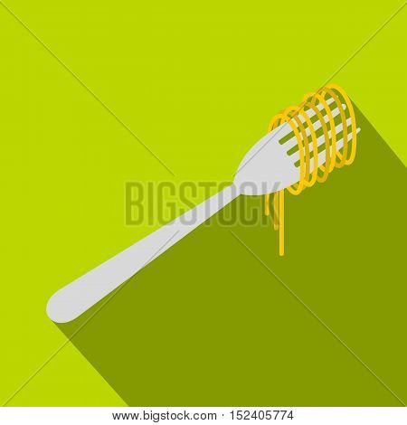 Spaghetti on a fork icon. Flat illustration of spaghetti on a fork vector icon for web isolated on green background