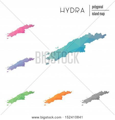 Set Of Vector Polygonal Hydra Maps Filled With Bright Gradient Of Low Poly Art. Multicolored Island