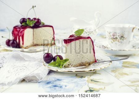 Cherry Cheesecake on Plate