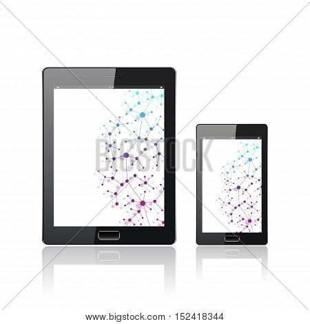 Modern digital tablet PC with mobile smartphone isolated on the white. Molecule and communication background. Science concept. Vector Illustration