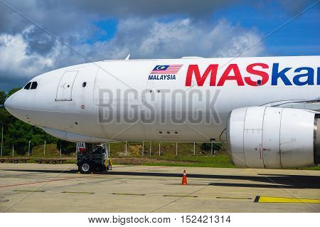 Labuan,Malaysia-Oct 19,2016:MASkargo Airbus A330-200F aircraft id 9M-MUA is rolling for takeoff on runway at Labuan Airport on 19th Oct 2016.MASkargo is the premier air cargo carrier based in Malaysia