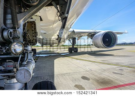 Labuan,Malaysia-Oct 19,2016:MASkargo Airbus A330-200F aircraft id 9M-MUA front landing gear wide-body airplane at Labuan Airport on 19th Oct 2016.
