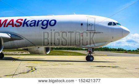 Labuan,Malaysia-Oct 19,2016:MASkargo Airbus A330-200F aircraft id 9M-MUA is rolling for takeoff on runway at Labuan Airport on 19th Oct 2016.MASkargo is the premier air cargo carrier based in Malaysia