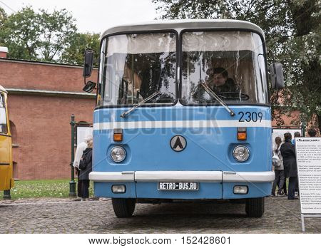 Saint Petersburg Russia September 17 2016: Old bus in the parking lot in St. Petersburg Russia