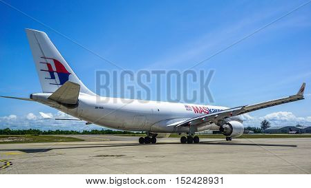 Labuan,Malaysia-Oct 19,2016:MASkargo Airbus A330-200F aircraft id 9M-MUA is rolling for takeoff on runway at Labuan Airport on 19th Oct 2016.MASkargo is the premier air cargo carrier based in Malaysia