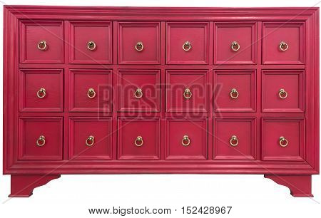 old vintage antique cabinet dresser chest of drawers pine wood hand painted well used isolated on white background