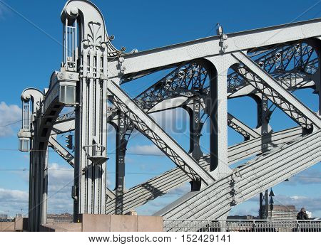 Architectural details of the bridge over the river Neva