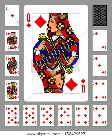 Playing cards of Diamonds suit and back on green background. Colorful original design